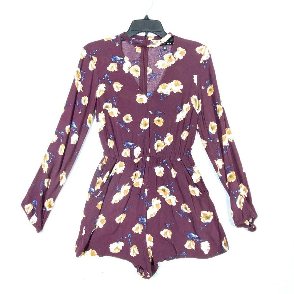 Kendall & Kylie Floral Romper Juniors XS Maroon V-Neck Choker Neckline Cutout